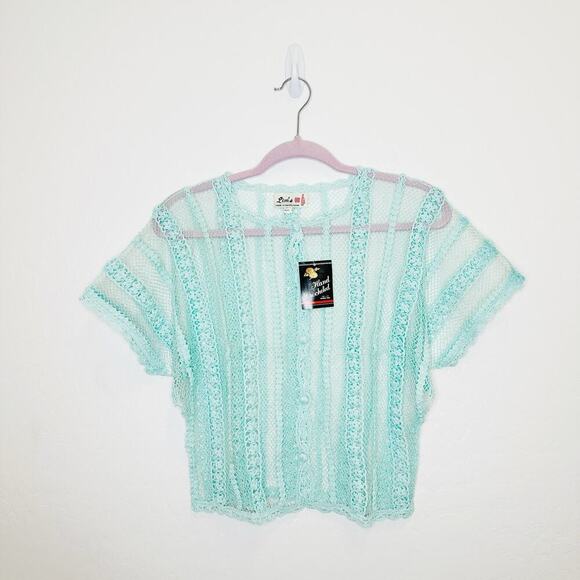 Lim's Vintage Hand Crocheted Button Down Short Sleeve Blue Turquoise Top Medium - Picture 1 of 4